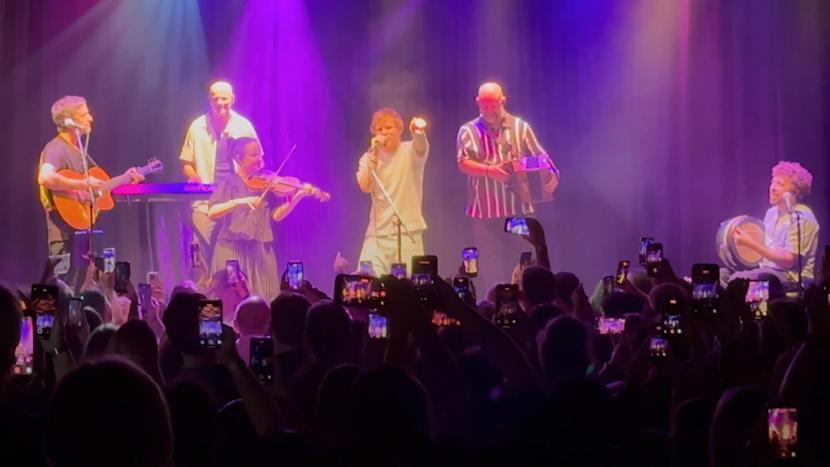 Six musicians on stage under purple and pink lights, playing guitar, keyboard, violin, singing, accordion, and bodhr&aacute;n, with an audience holding up phones.