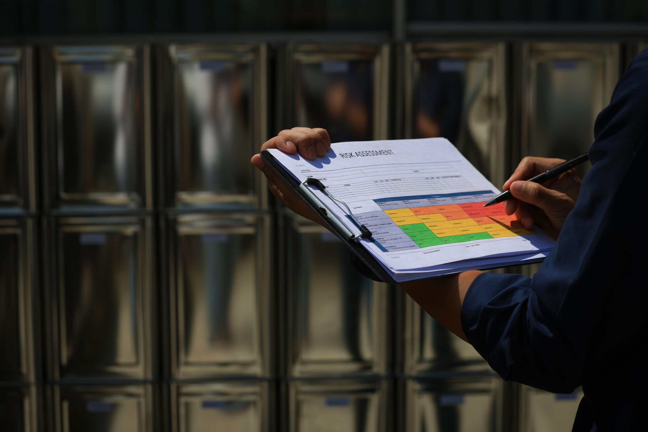 A person's hands holding a clipboard with a 'RISK ASSESSMENT' document, marked with a color-coded risk matrix, against a blurred background of metallic lockers.