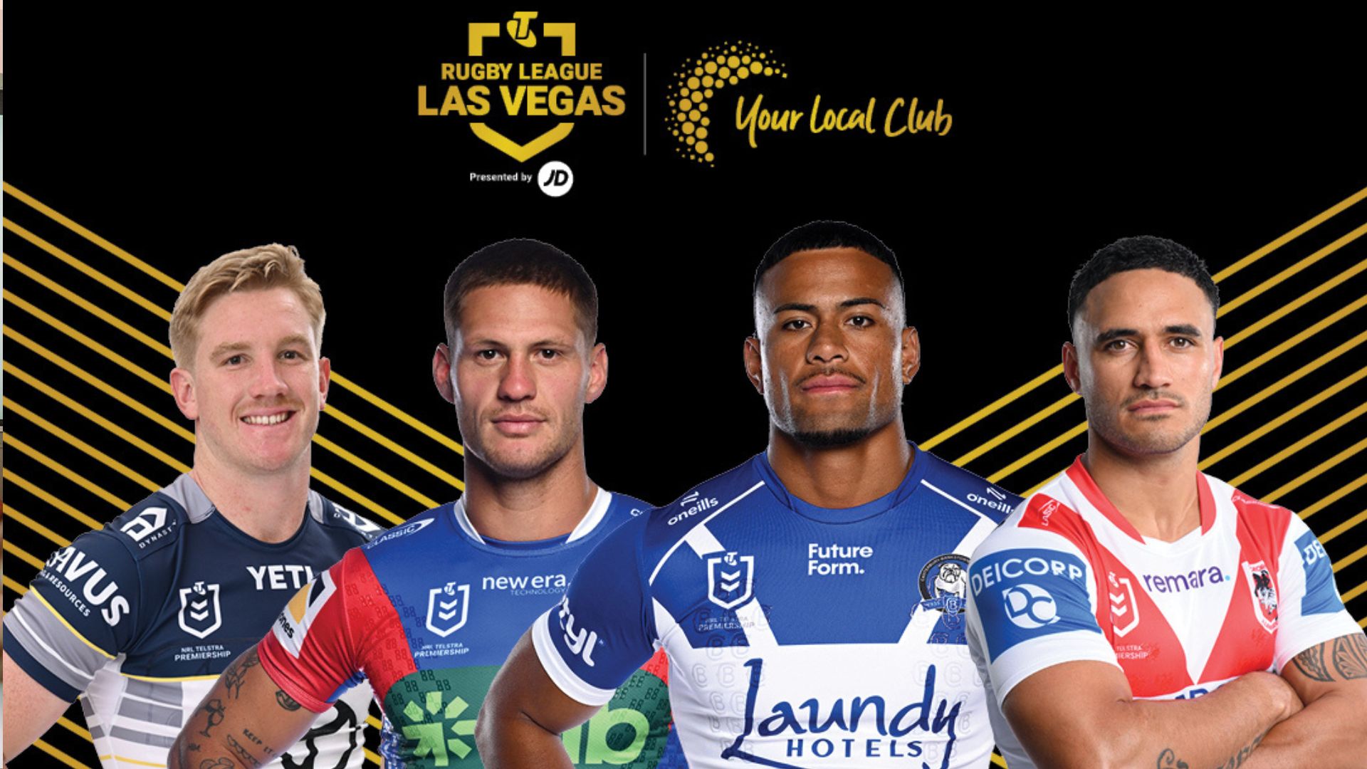 Four male rugby players in their team jerseys, standing side-by-side, with 'Rugby League Las Vegas' and 'Your Local Club' logos above them on a black background.
