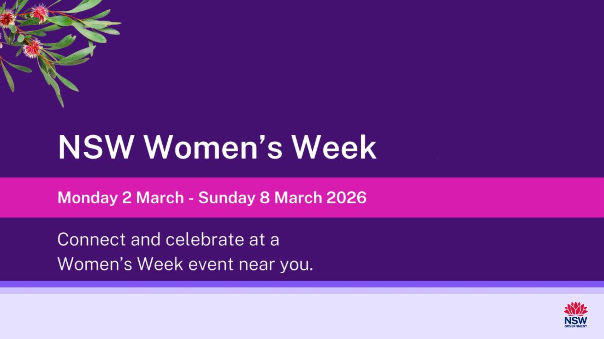 Promotional graphic for NSW Women's Week, showing dates Monday 2 March to Sunday 8 March 2026, with a floral design and the NSW Government logo.