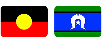 Two flags with rounded corners. The left flag is black and red with a yellow circle. The right flag is green, blue, and green with a white Dhari and star.