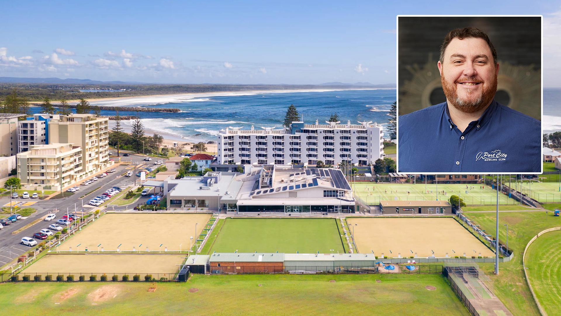 Aerial view of a coastal bowling club with greens and tennis courts, ocean, beach, and buildings. Inset: smiling man in a 'Port City Bowling Club' shirt.