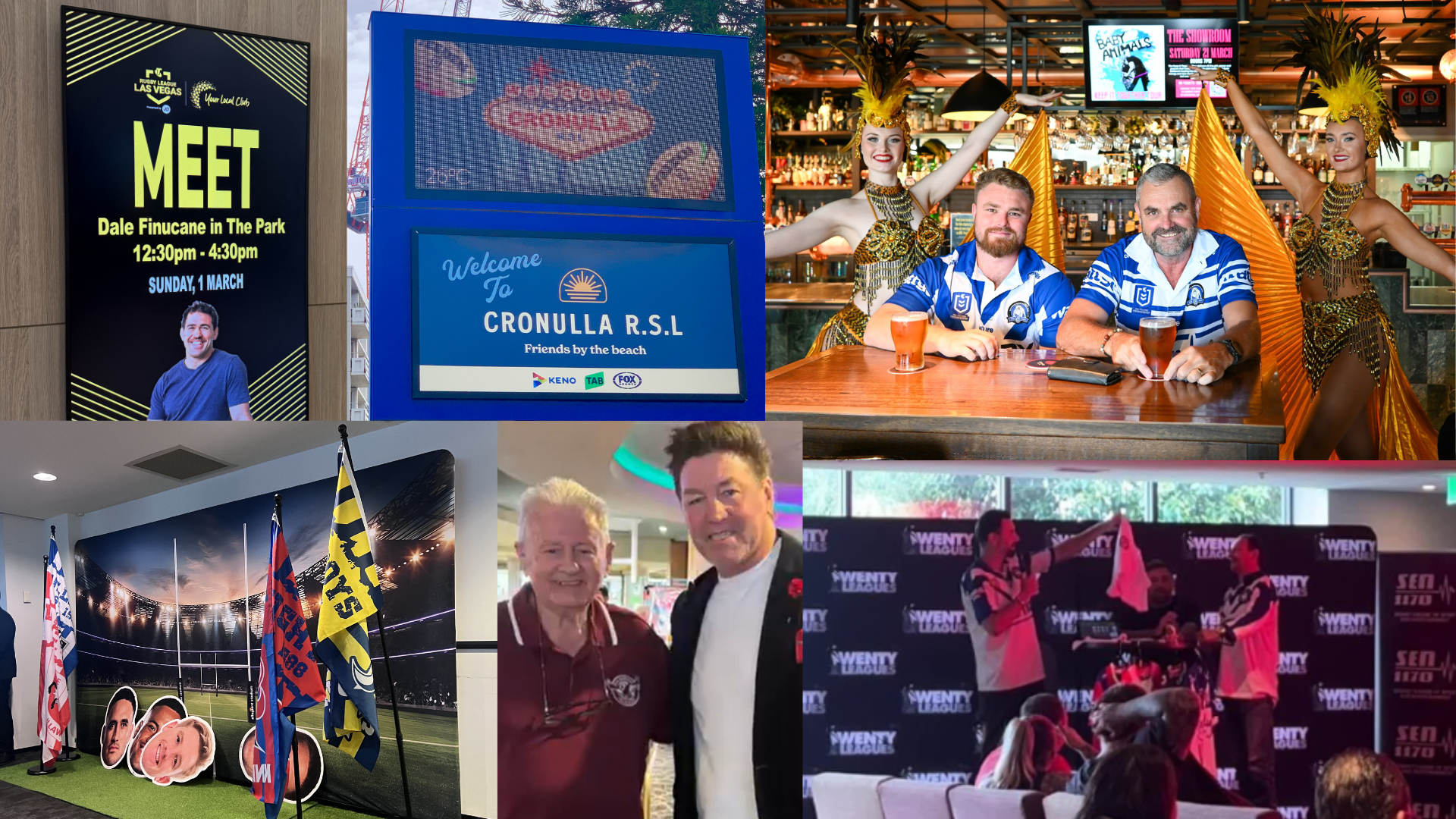 A six-panel collage showing various club and event scenes: a digital ad for Dale Finucane, Cronulla RSL signage, two men with showgirls at a bar, a sports display with flags, two men posing, and a Wenty Leagues stage event.