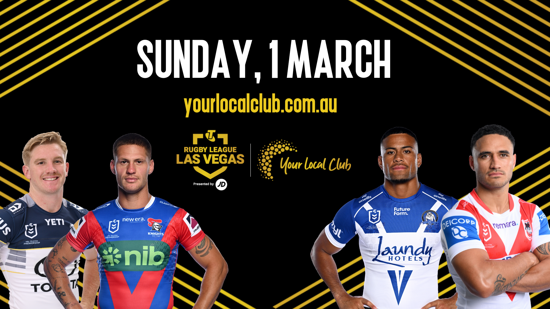 Promotional image for Rugby League Las Vegas on Sunday, March 1st, featuring four male rugby players in their team jerseys and event logos.
