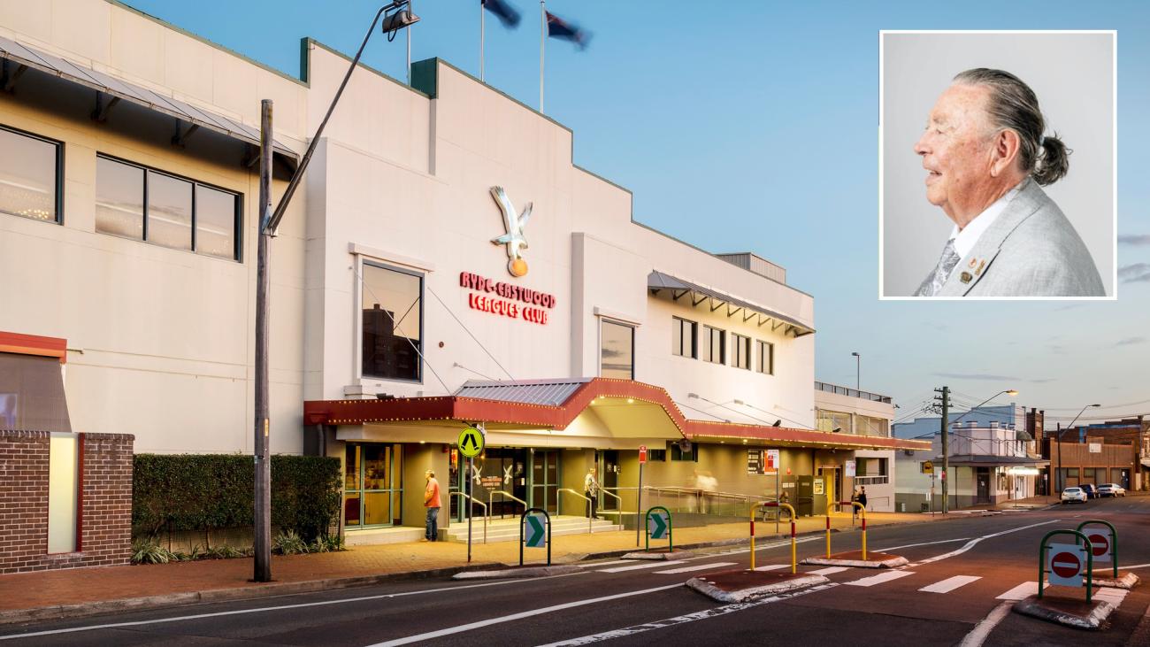 Ryde-Eastwood Leagues Club building exterior at dusk, with an inset profile portrait of an older man.