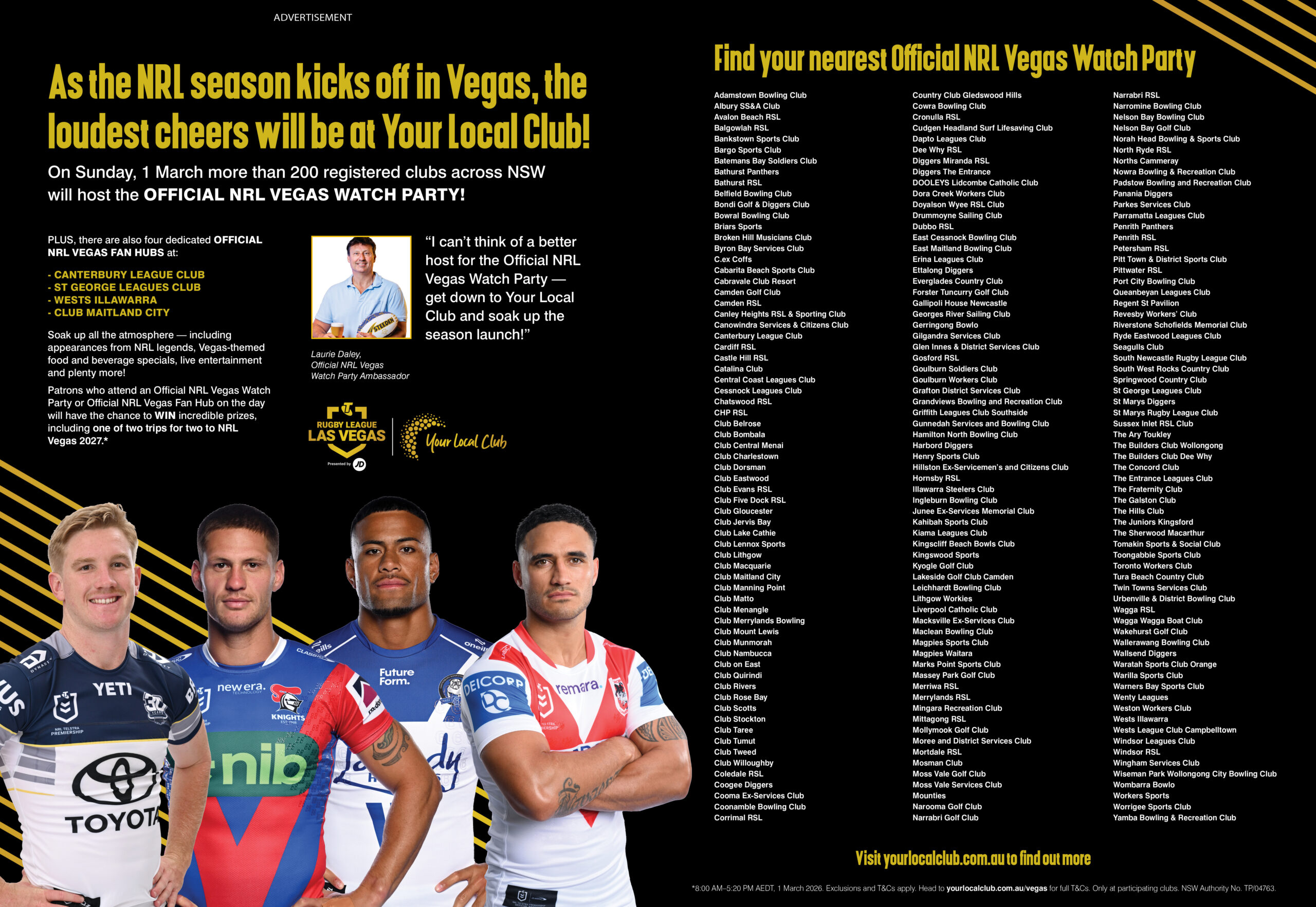 Advertisement for NRL Vegas Watch Parties featuring Laurie Daley, four rugby players in jerseys, and a list of over 200 participating clubs across NSW.