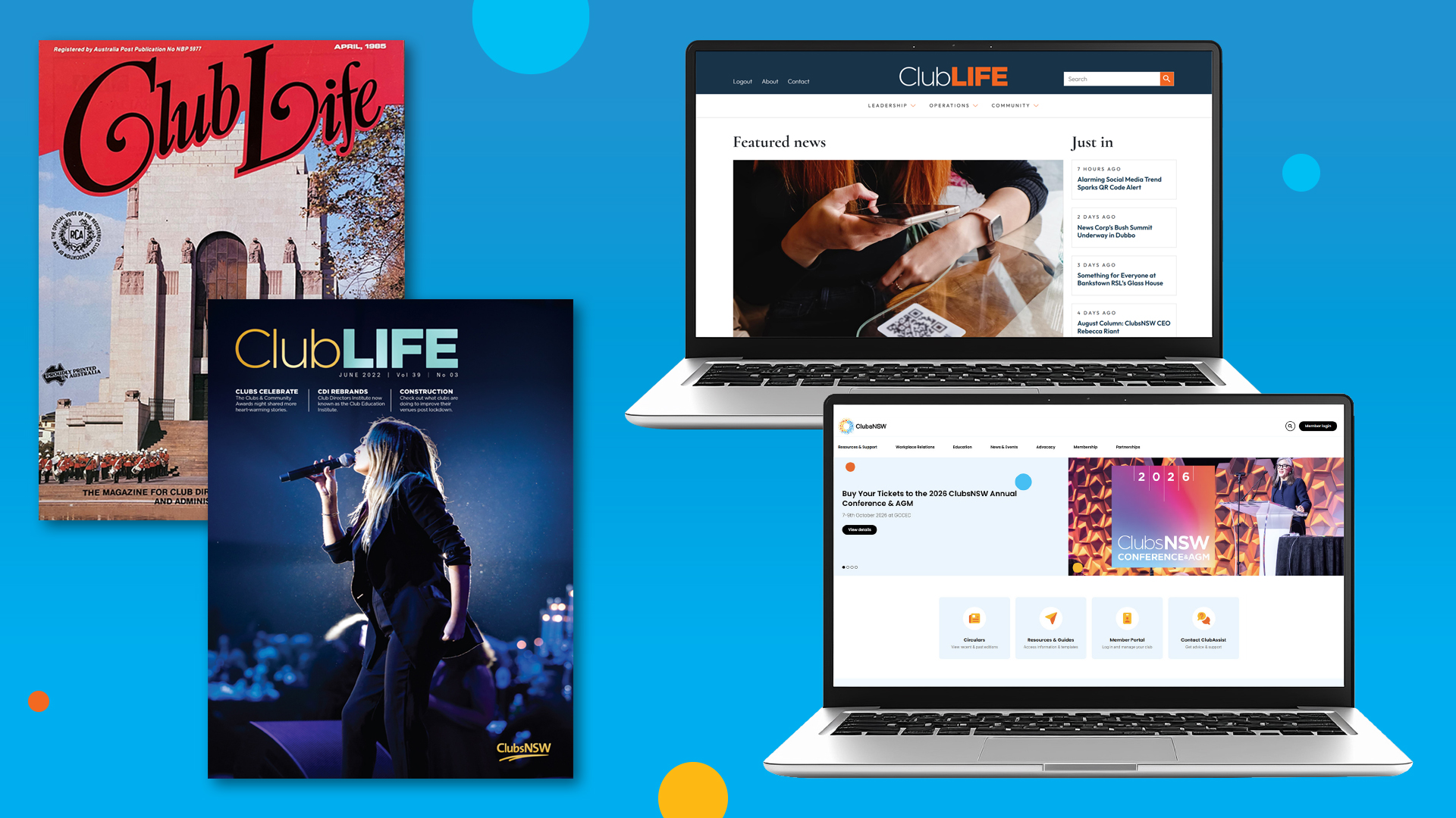 A collage showing two 'Club Life' magazines (1985 and 2022 editions) next to two open laptops displaying 'ClubLIFE' and 'ClubsNSW' websites, all on a blue background.
